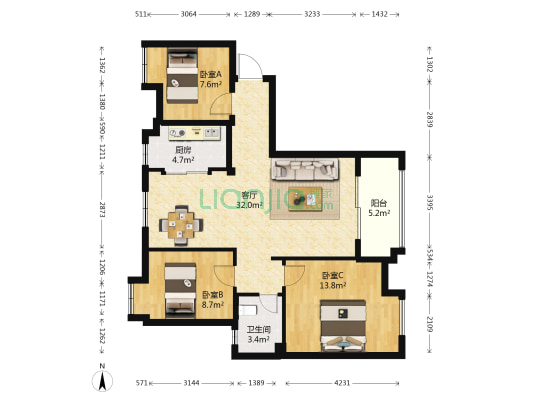 紫阳楚世家 3室1厅1卫 100平方