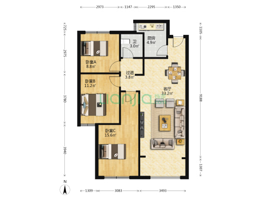 南水巴黎阳光 3室1厅1卫 98平方