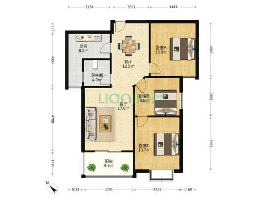 桂苑小区 3室2厅1卫 111平方