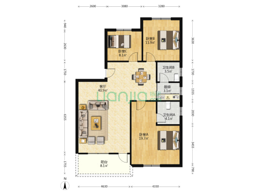 花都紫荆苑 3室1厅2卫 120平方