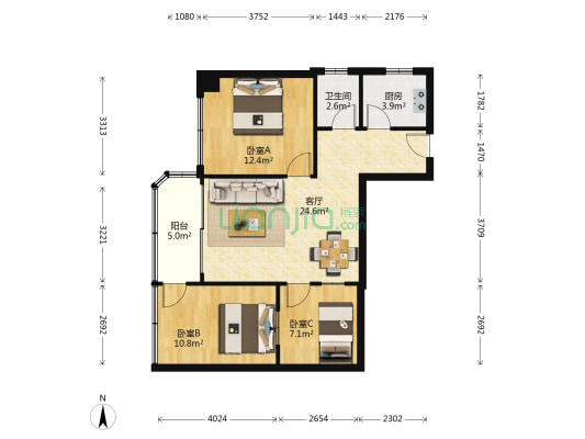 海景大厦 3室1厅1卫 90平方