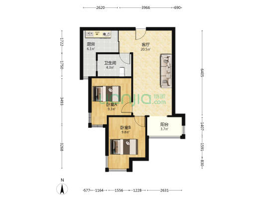 全阳小两居，户型方正，精装修，-户型图