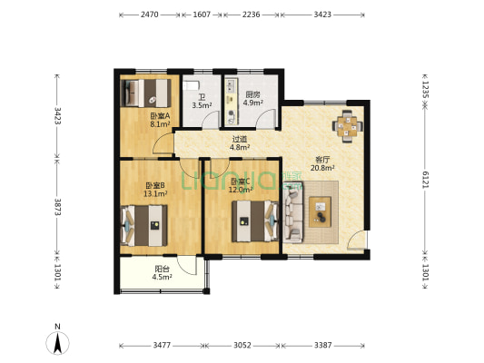 物资公司宿舍 3室1厅1卫 90平方