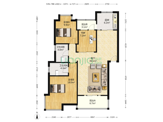 人信奥林花园圣火苑 3室1厅2卫 107平方