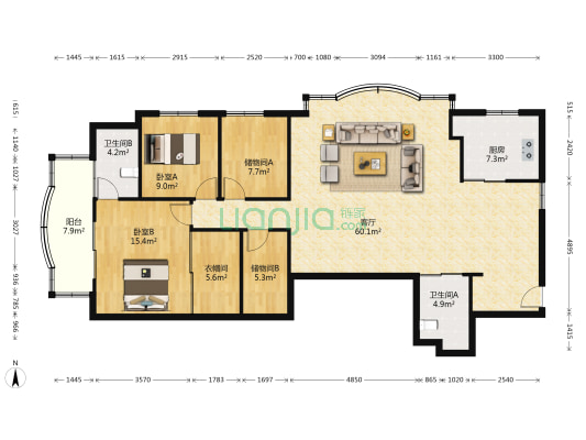 绿城公寓 2室1厅2卫 172平方