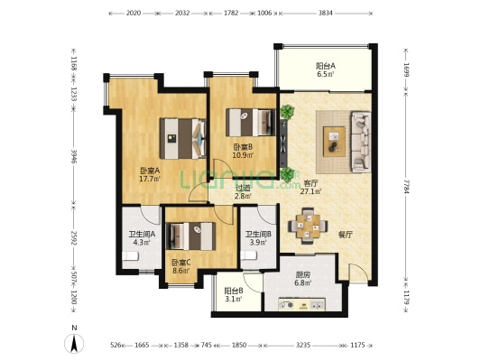 格林春天 3室1厅2卫 106平方