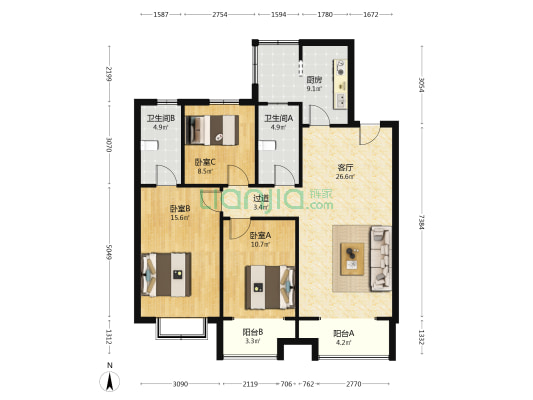 泛华盛世阳光 3室1厅2卫 125平方