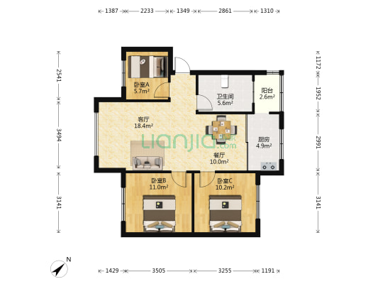 昆钢铁合金厂宿舍 3室2厅1卫 87平方