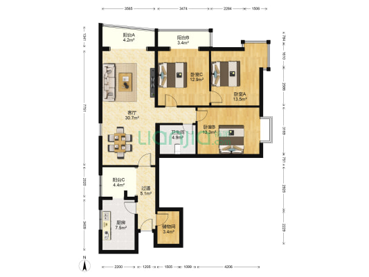国兴家园 3室1厅1卫 143平方