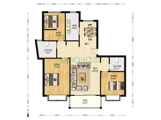 常德名园 3室1厅2卫 132平方