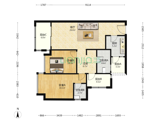 桃源居国际花园六区 2室1厅2卫 101平方