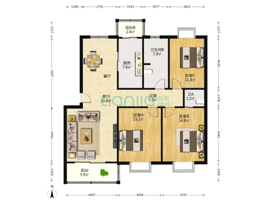 松林苑 3室1厅2卫 123平方