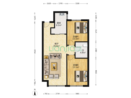 汇锦华府 2室1厅1卫 87平方