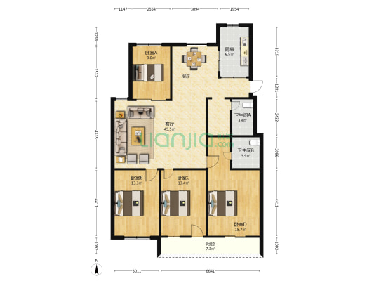 郑和花园 4室1厅2卫 135平方