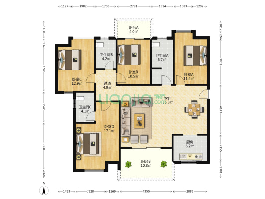 天街华府一期 4室1厅3卫 162平方