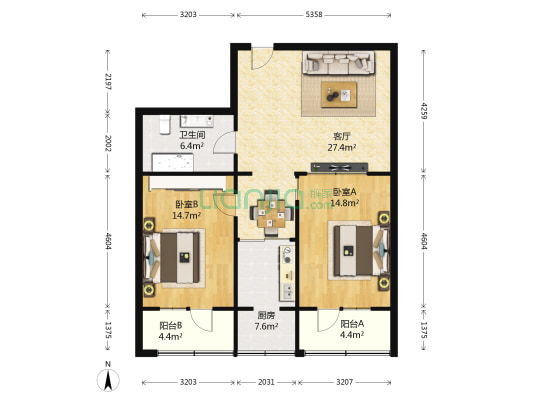 西北大厦 2室1厅1卫 107平方