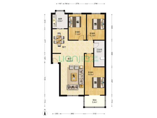 省会教师生活园区 3室1厅1卫 119平方