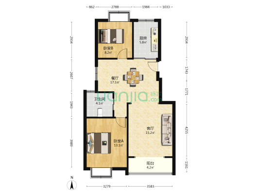 铭鼎花苑 2室2厅1卫 84平方
