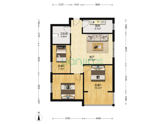 万达山水城 3室1厅1卫 87平方