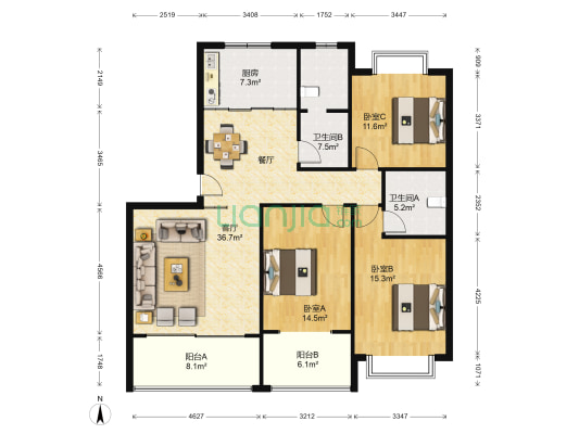 新点苑 3室1厅2卫 124平方