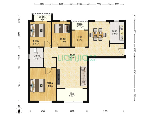 金地格林世界橄榄苑C区 4室1厅1卫 114平方