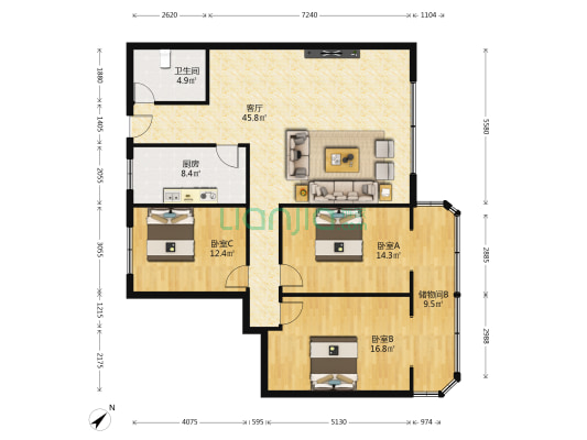 西龙公寓 3室1厅1卫 137平方
