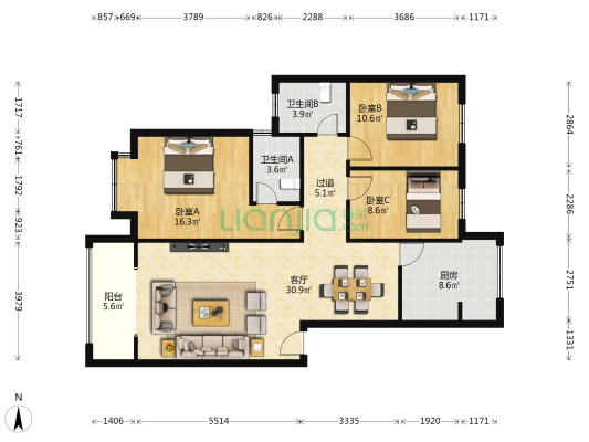 安康小区 3室1厅2卫 107平方