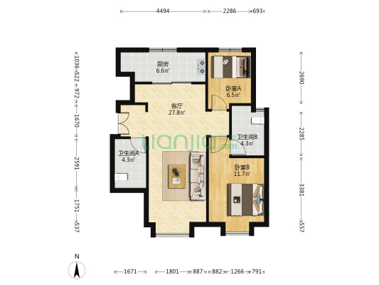 融澜景苑 2室1厅2卫 80平方