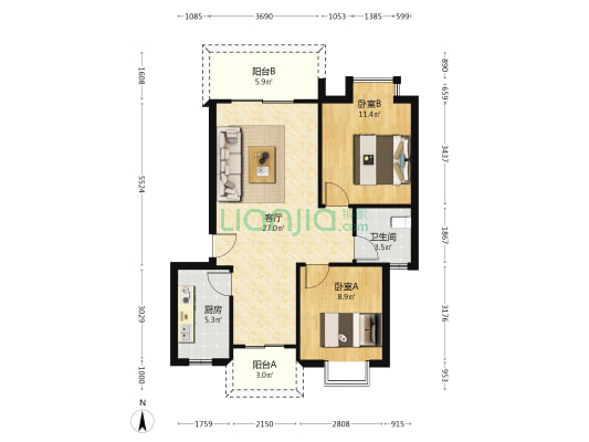 三元华美小区 2室1厅1卫 77平方