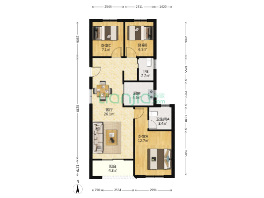 睿博园 3室1厅2卫 96平方