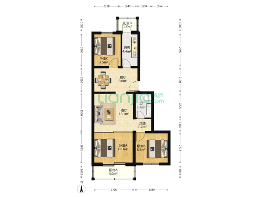 复兴北里 3室2厅1卫 84平方