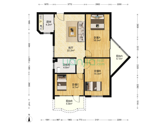 银城花园 3室1厅1卫 92平方