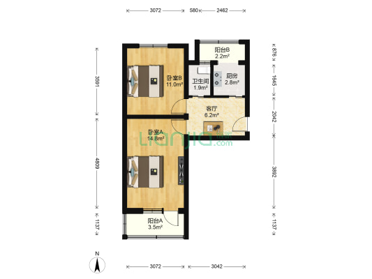 翠微3号院 2室1厅1卫 53平方