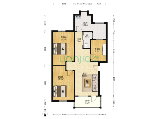五三大道91号 3室1厅1卫 93平方