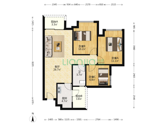 泷景八期星堤2期 3室2厅1卫 85平方