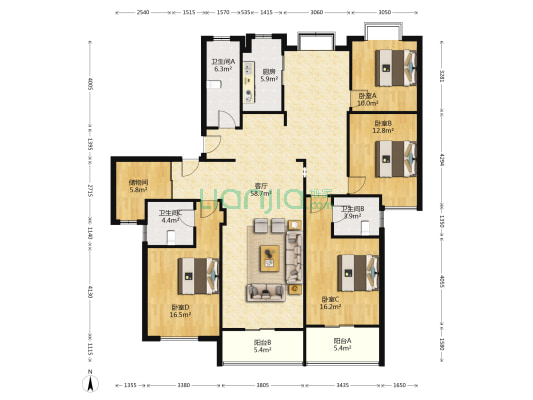 亭心花苑 4室1厅3卫 115平方