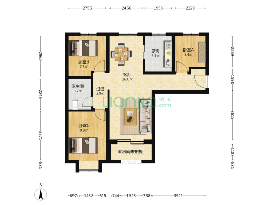 中海京西里 3室1厅1卫 86平方