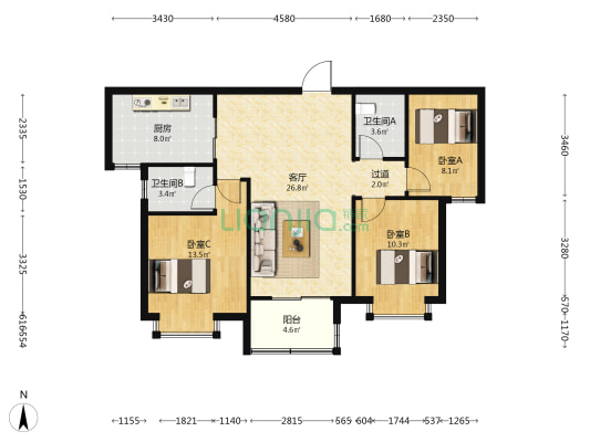 赵都新城天和园 3室1厅2卫 113平方