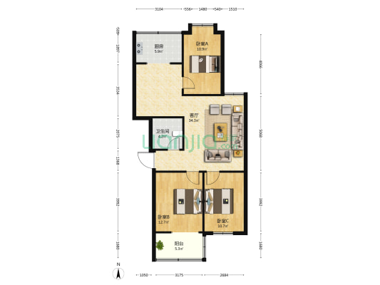农机小区 3室1厅1卫 104平方