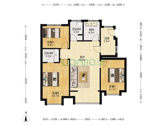 御东瑞璟 3室1厅2卫 102平方