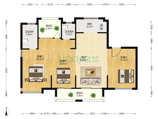 中梁香榭锦园 3室1厅2卫 139平方