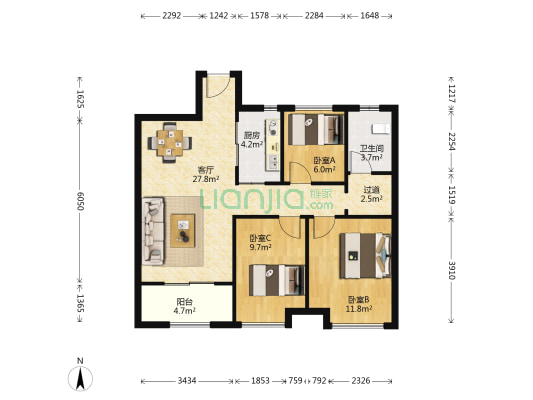 东方鼎盛御府 3室1厅1卫 90平方