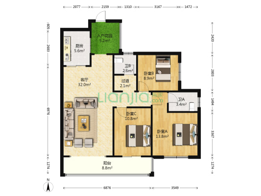 美城新都B区 3室1厅2卫 127平方