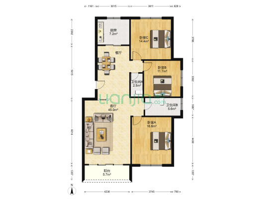 碧海园 3室1厅2卫 127平方