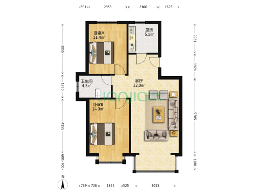 金色和园 2室1厅1卫 89平方