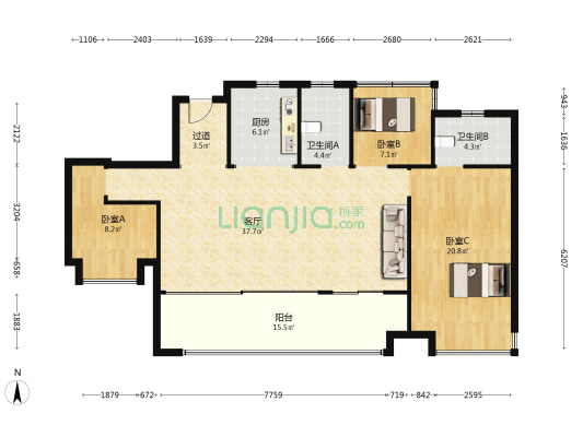 龙湖亚伦学樘府 3室1厅2卫 143平方