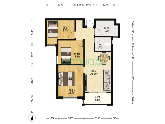 金地格林泊乐一期 3室1厅1卫 81平方