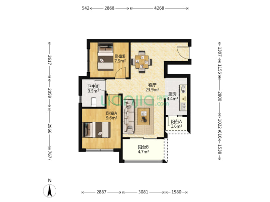 明信城A区 2室1厅1卫 66平方