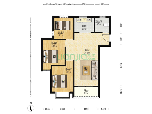 合能湘江公馆 3室1厅1卫 86平方