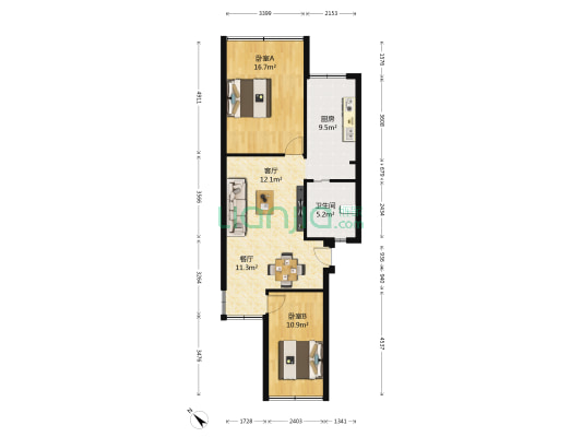 锦泰花园 2室2厅1卫 77平方